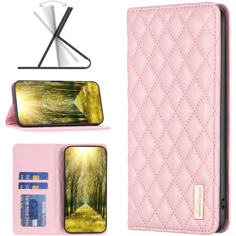 Apple iPhone 13 Pro Max, Oldalra nyíló tok, stand, kártyatartóval, 3D rombusz minta, Wooze Pillow, rózsaszín (131898)-0