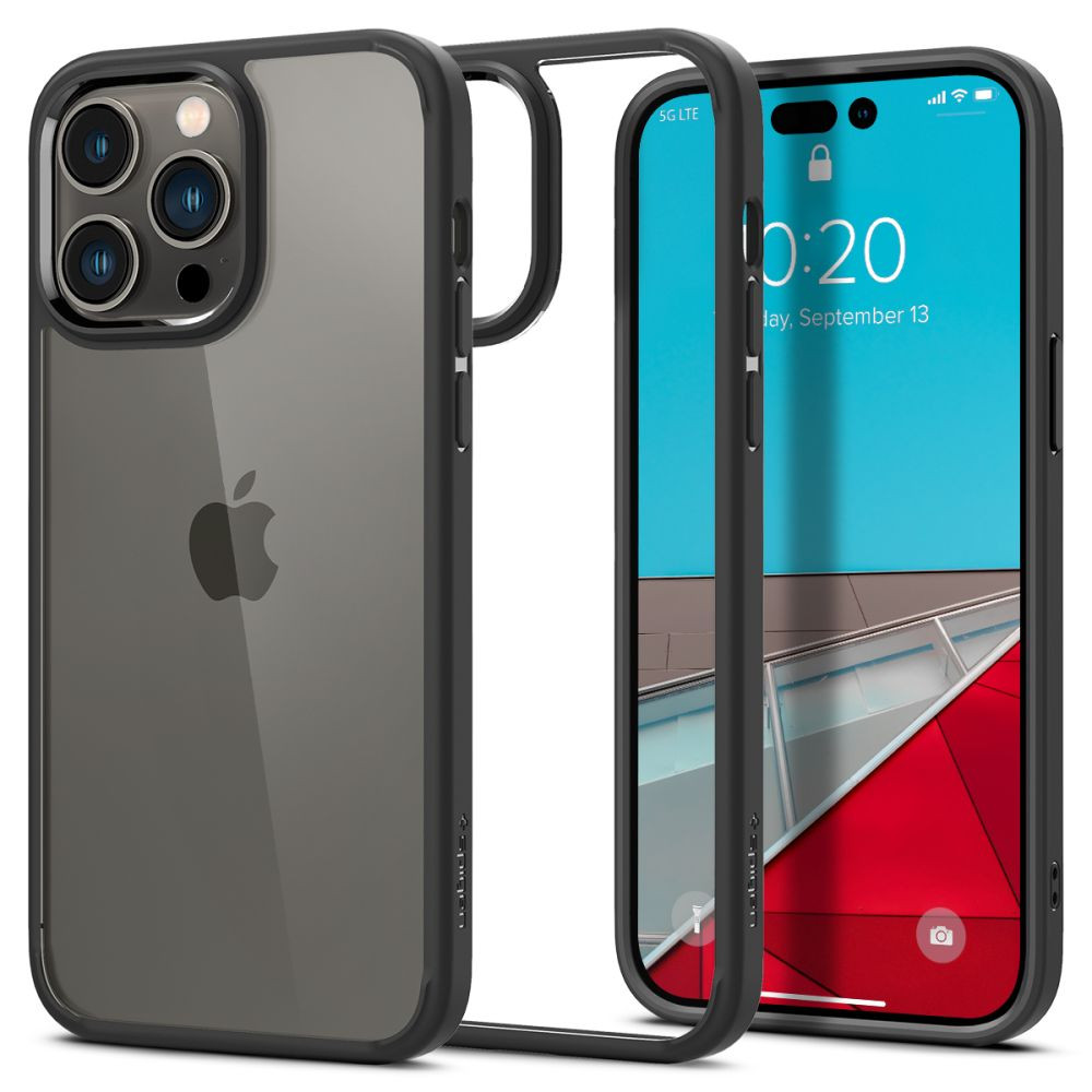Apple iPhone 14 Pro Max, Műanyag hátlap védőtok + szilikon keret, Spigen Ultra Hybrid, átlátszó/fekete (8809811863482)-0