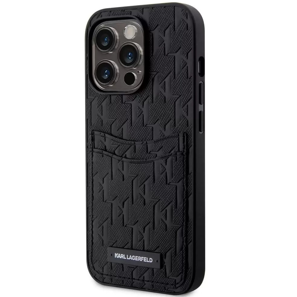 Apple iPhone 14 Pro Max, Műanyag hátlap védőtok + szilikon keret, bőrhatású hátlap, kártyatartóval, 3D monogram minta, Karl Lagerfeld Saffiano Monogram Cardslot, fekete (1278850000009)-0