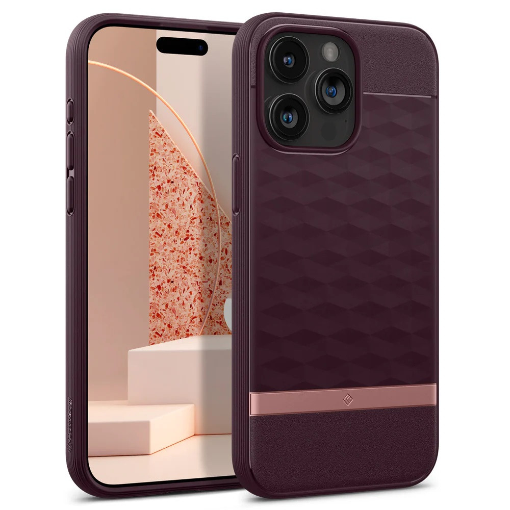 Apple iPhone 15 Pro, Szilikon tok + műanyag keret, közepesen ütésálló, Magsafe töltővel kompatibilis, 3D hatszög minta, Spigen Caseology Parallax Mag, bordó (810083833729)-0