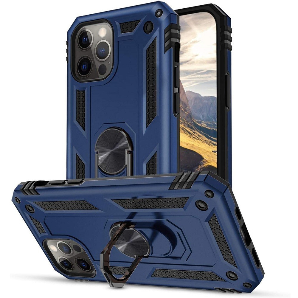 Apple iPhone 14 Pro Max, Műanyag hátlap védőtok, közepesen ütésálló, szilikon belső, telefontartó gyűrű, Defender, sötétkék (124852)-0