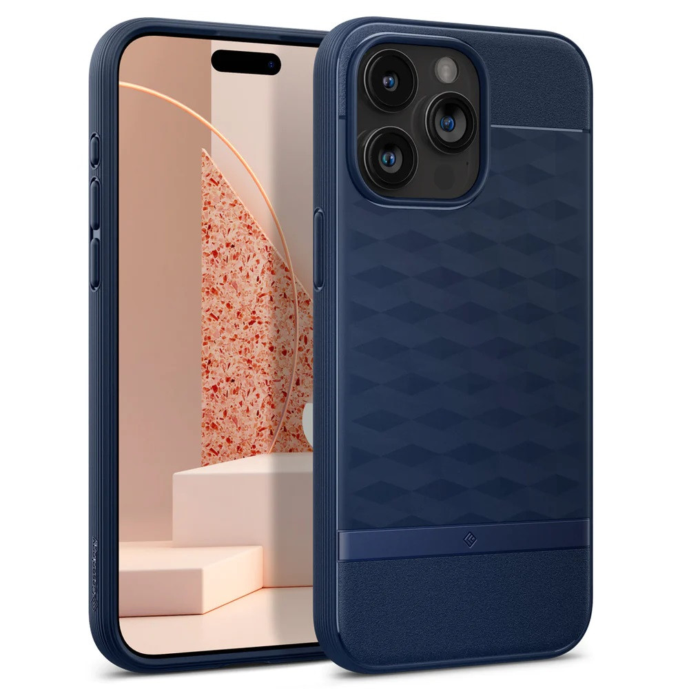 Apple iPhone 15 Pro, Szilikon tok + műanyag keret, közepesen ütésálló, Magsafe töltővel kompatibilis, 3D hatszög minta, Spigen Caseology Parallax Mag, sötétkék (810083833712)-0