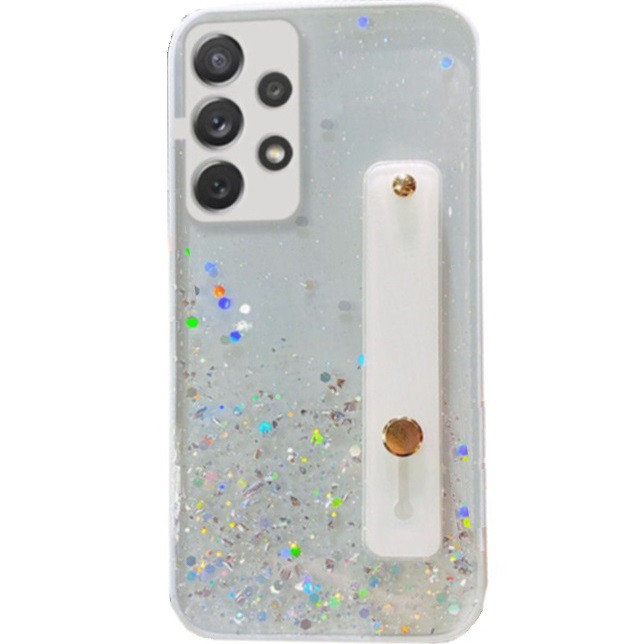 Apple iPhone 15 Pro Max, Szilikon tok, közepesen ütésálló, kézpánttal, színátmenetes, csillogó minta, Wooze Strap Star, mintás/fehér (139009)-0