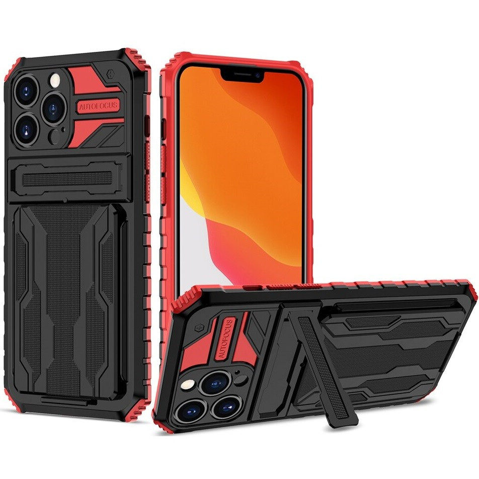 Apple iPhone 14 Plus, Műanyag hátlap védőtok szilikon belső, közepesen ütésálló, kitámasztóval, kártyatartóval, Wooze Transformer, fekete/piros (127726)-0