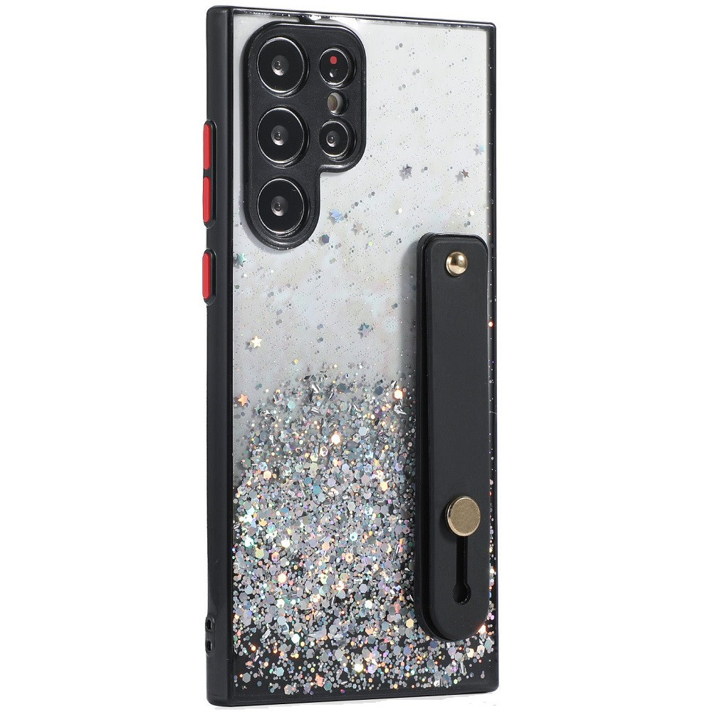 Apple iPhone 14 Plus, Szilikon tok, közepesen ütésálló, kézpánttal, színátmenetes, csillogó minta, Wooze Strap Star, mintás/fekete (129583)-0