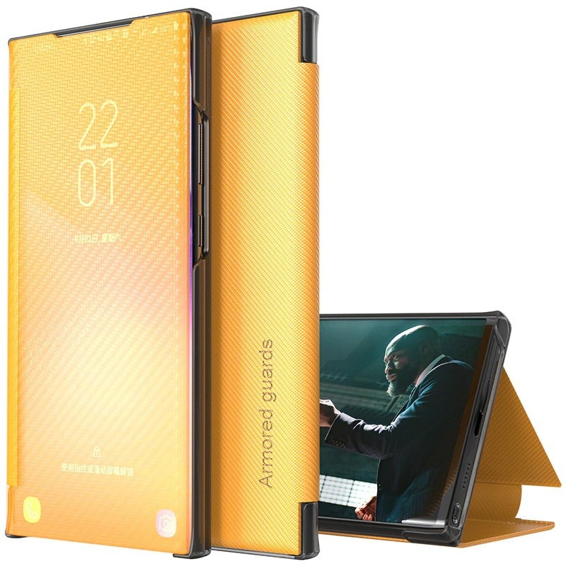 Apple iPhone 11 Pro Max, Oldalra nyíló tok, stand, hívás mutatóval, kevlár minta, Wooze Smart View Cover Carbon, sárga (109424)-0