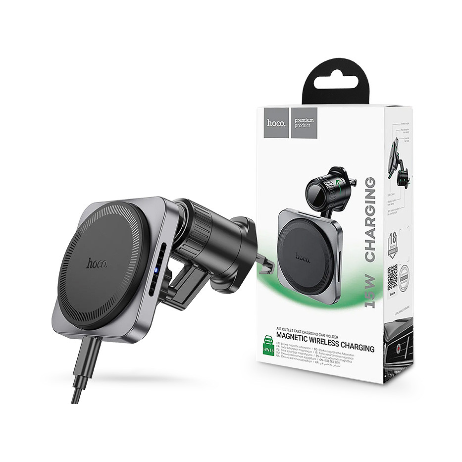 HOCO szellőzőrácsba illeszthető vezeték nélküli mágneses autós tartó/gyorstöltő MagSafe funkcióval - 15 W - HOCO HW15 Wireless Fast Charge Car Holder - fekete (HC617635)-0