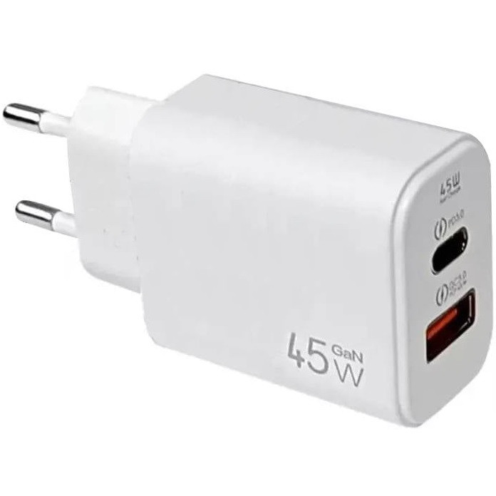 Hálózati töltő adapter, 45W, USB aljzat, USB Type-C aljzat, gyorstöltés, PD, QC, GaN, fehér (TS4925)-0