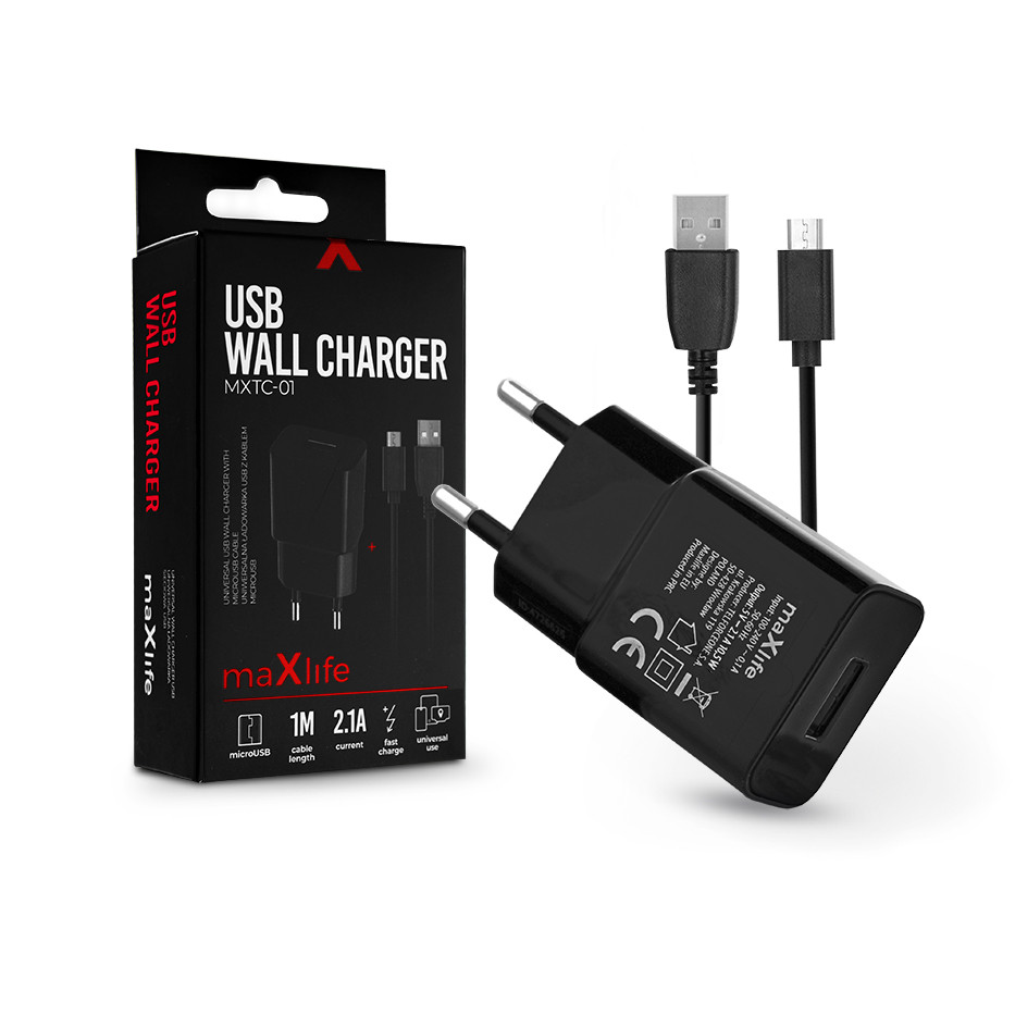 Maxlife USB hálózati töltő adapter + micro USB adatkábel 1 m-es vezetékkel - Maxlife MXTC-01 USB Wall Charger - 5V/2,1A - fekete (TF-0125)-0