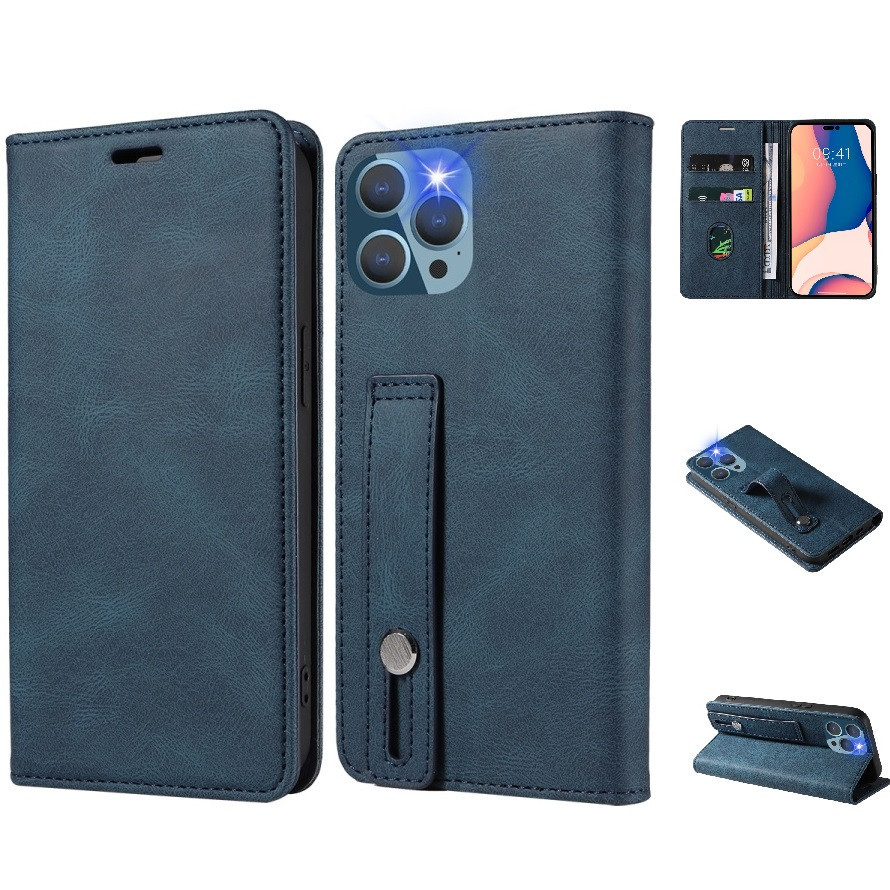 Apple iPhone 12 / 12 Pro, Oldalra nyíló tok, stand, kártyatartóval, kézpánttal, Wooze Business Plus, kék (132578)-0
