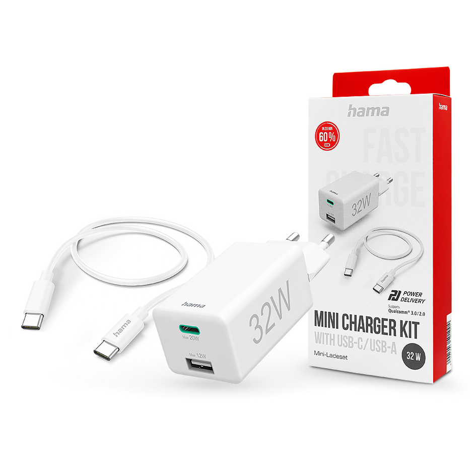 HAMA hálózati töltő adapter USB-A + Type-C bemenettel + Type-C - Type-C kábel - 32W - HAMA Mini Charger Kit PD3.0 + QC3.0 - fehér (201692)-0