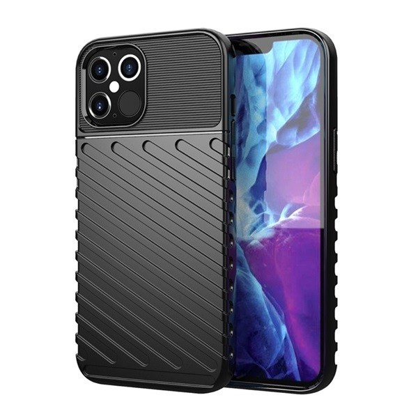 Apple iPhone 12 Pro Max, Szilikon tok, közepesen ütésálló, domború csíkos minta, fekete (G102755)-0