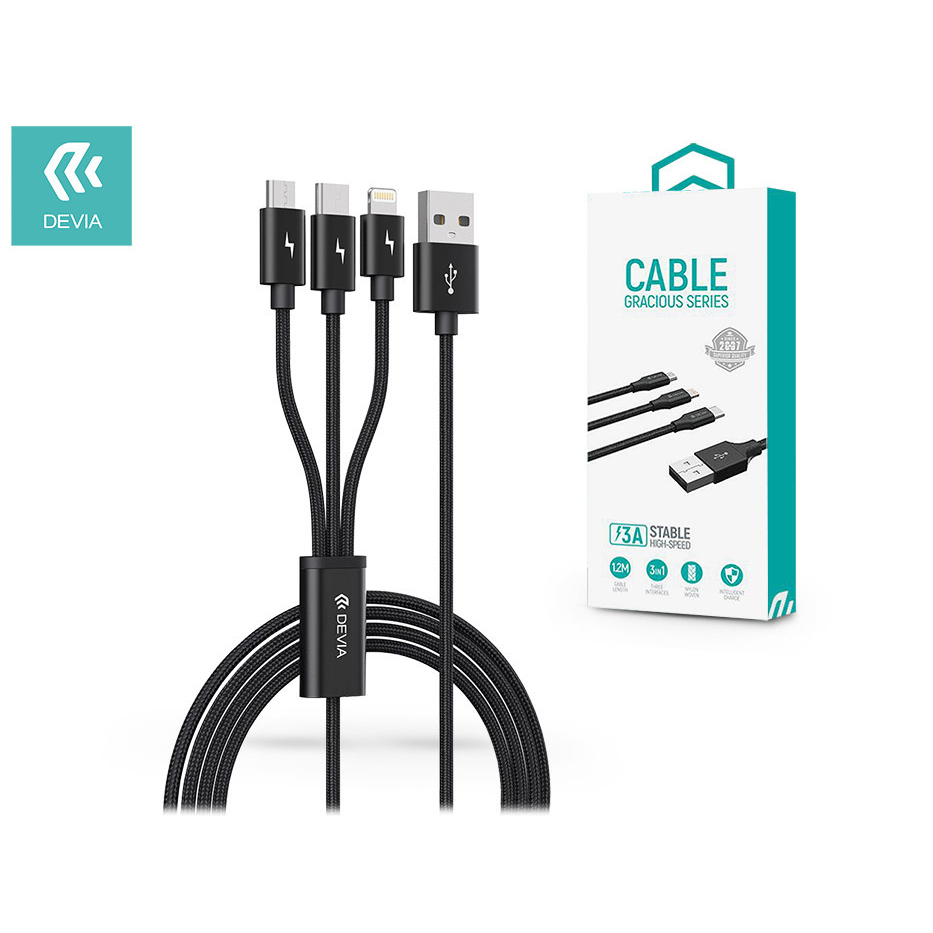 Devia USB töltőkábel 1,2 m-es vezetékkel - Devia Gracious Series 3in1 f or Lightning/microUSB/Type-C - 5V/3A - black (ST337086)-0