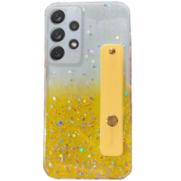 Apple iPhone 11 Pro Max, Szilikon tok, közepesen ütésálló, kézpánttal, színátmenetes, csillogó minta, Wooze Strap Star, mintás/sárga (129532)-0
