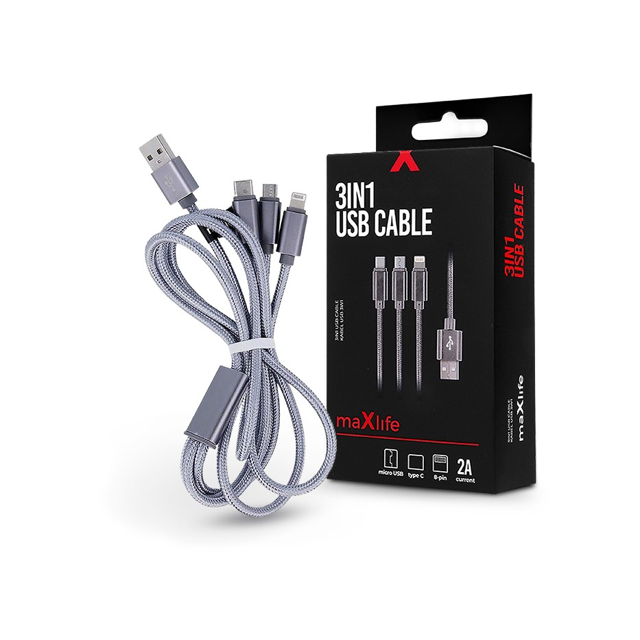 Maxlife USB töltő- és adatkábel 1 m-es vezetékkel - Maxlife 3in1 for Lightning/microUSB/Type-C USB Cable - 5V/2A - ezüst (TF-0168)-0