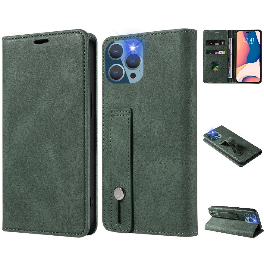 Realme C31, Oldalra nyíló tok, stand, kártyatartóval, kézpánttal, Wooze Business Plus, sötétzöld (133096)-0