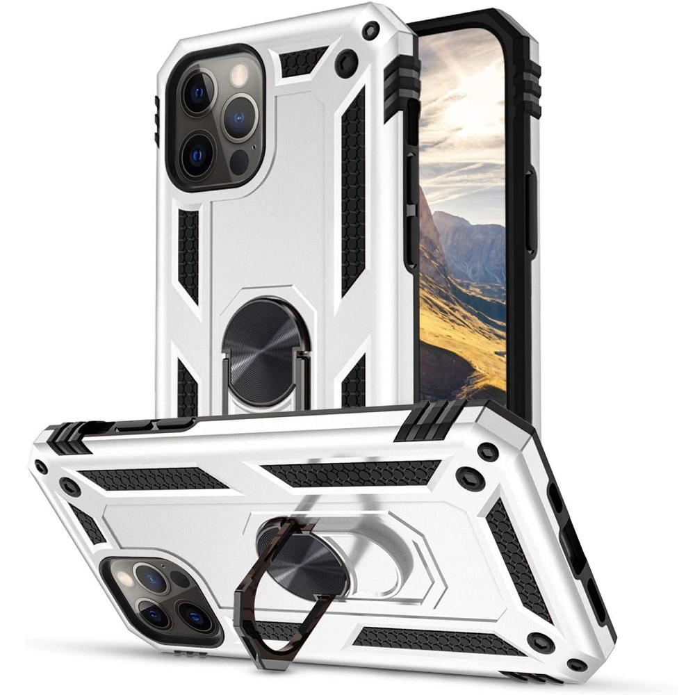 Motorola Moto G Pro / G Stylus, Műanyag hátlap védőtok, közepesen ütésálló, szilikon belső, telefontartó gyűrű, Defender, ezüst (96512)-0