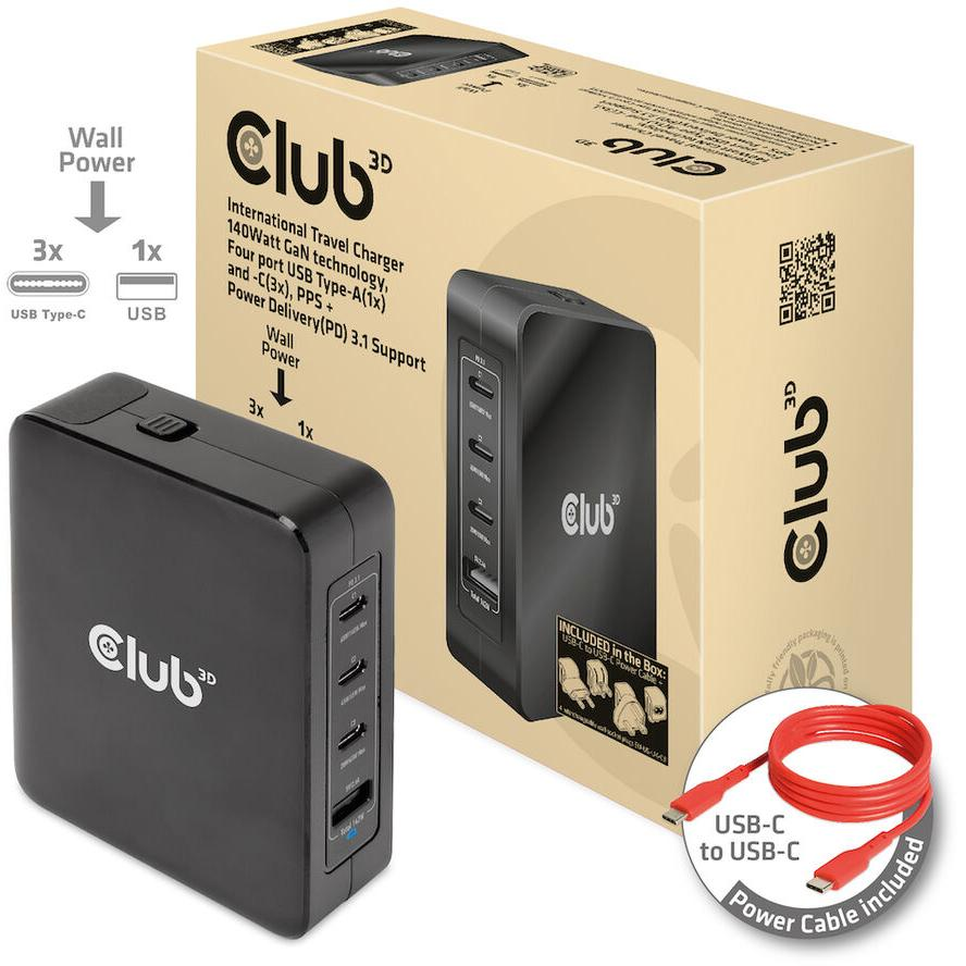 Club3D Reiseladegerät 3xUSB Typ C, 1xUSB Typ A, PD 140W retail (CAC-1917)-0