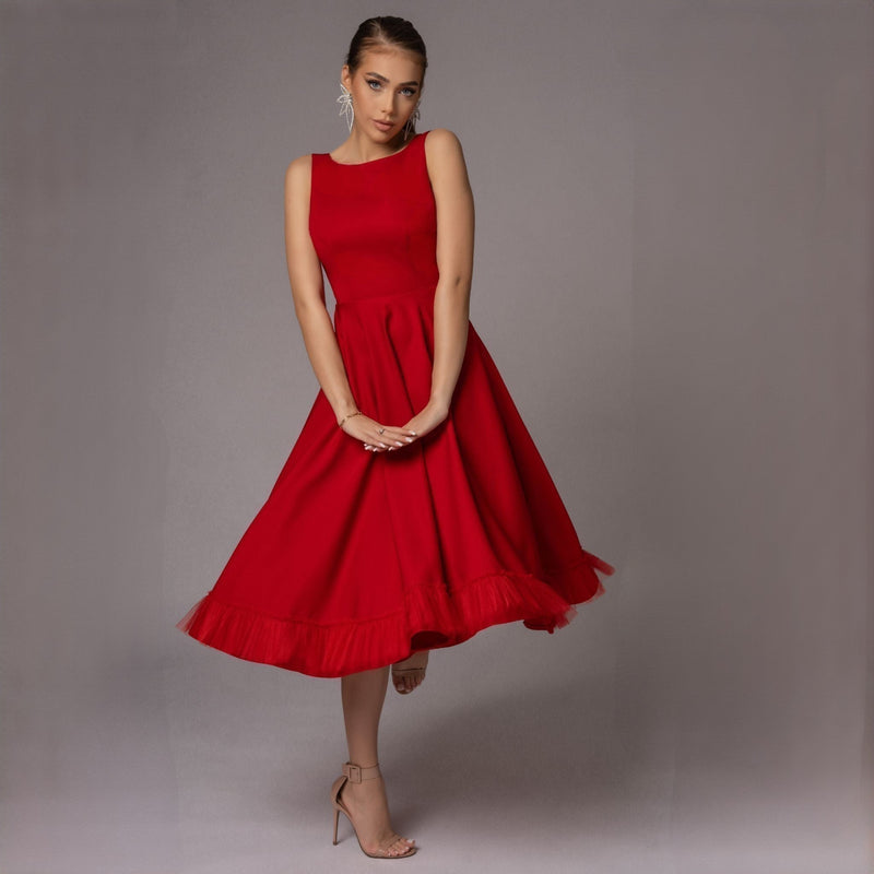Rochie rosie cu spate gol si funda Estella