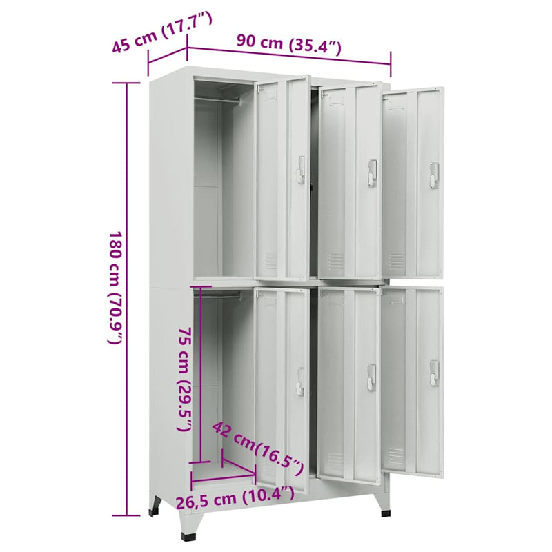 Dulap vestiar cu 6 compartimente, oțel, 90 x 45 x 180 cm, gri