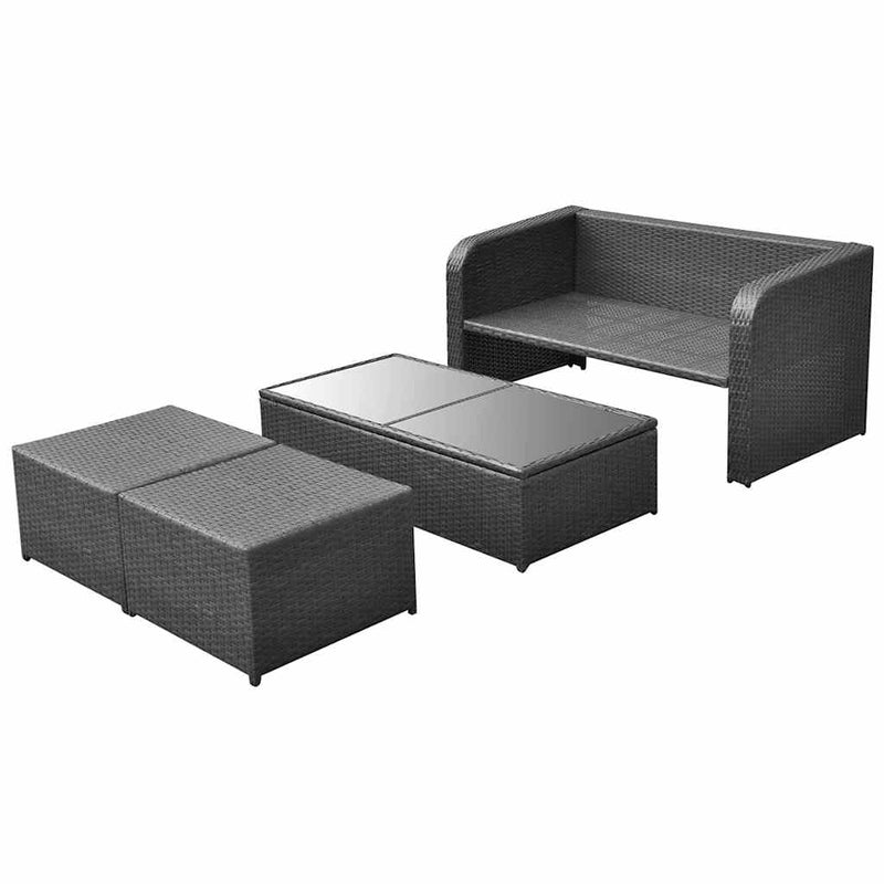 Set mobilier de grădină cu perne, 4 piese, negru, poliratan