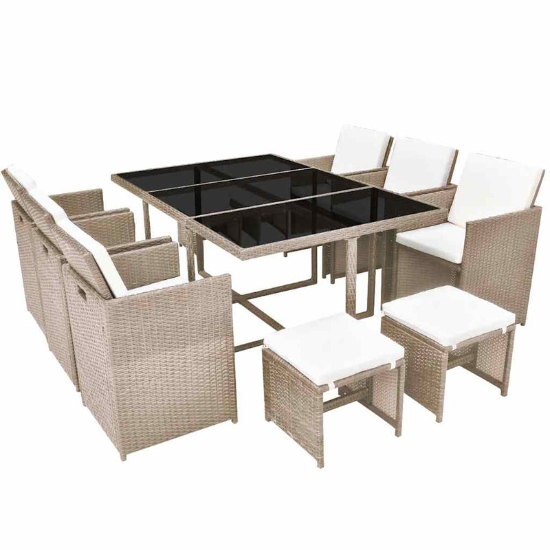 Set mobilier de exterior cu perne, 11 piese, bej, poliratan