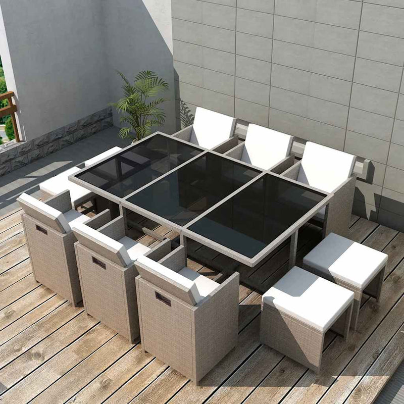Set mobilier de exterior cu perne, 11 piese, bej, poliratan