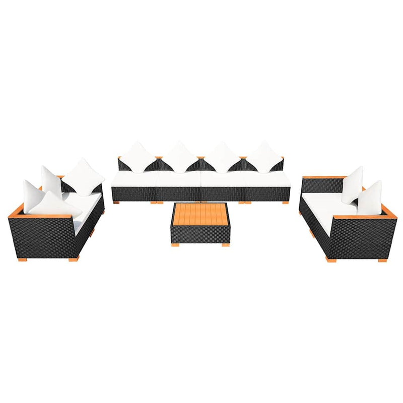 Set mobilier de grădină cu perne, 9 piese, negru, poliratan