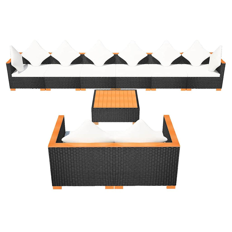 Set mobilier de grădină cu perne, 9 piese, negru, poliratan