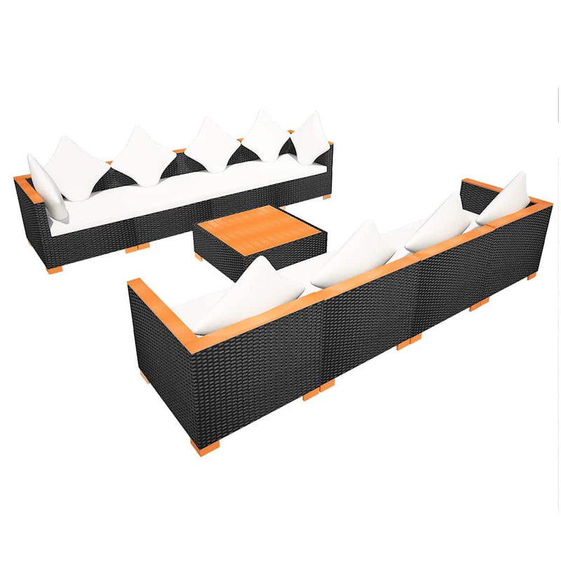Set mobilier de grădină cu perne, 9 piese, negru, poliratan