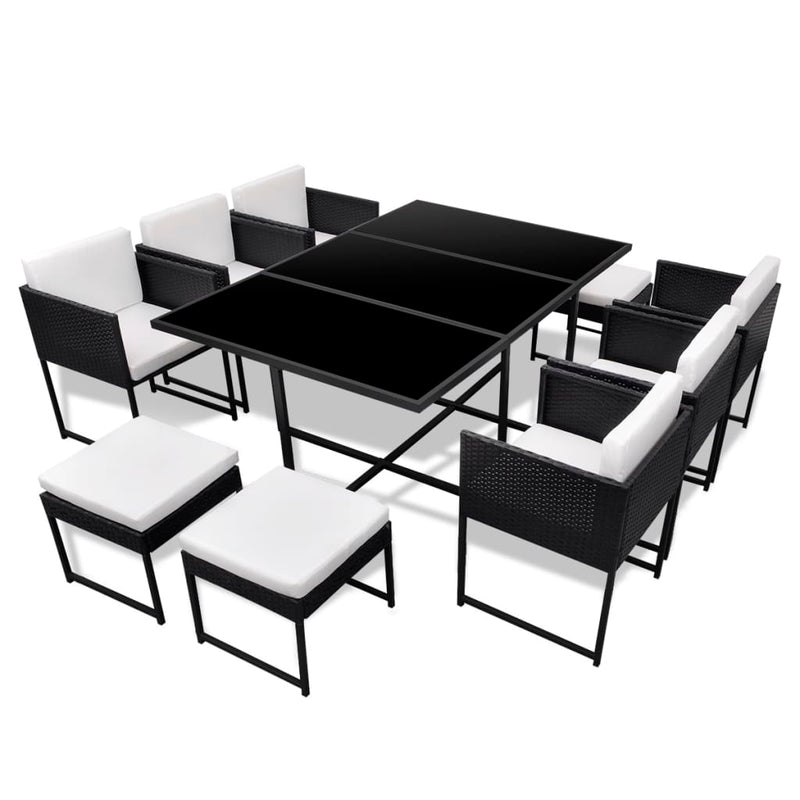 Set mobilier de exterior cu perne, 11 piese, negru, poliratan