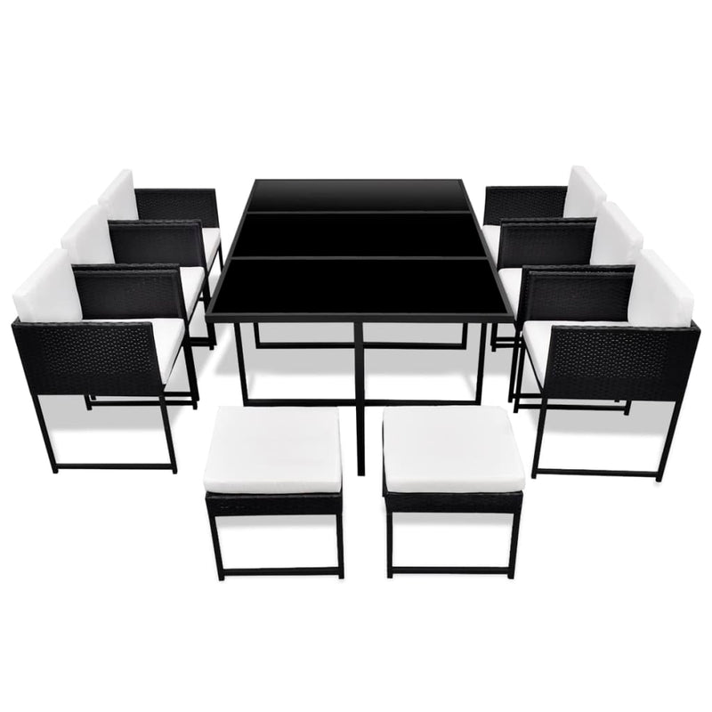 Set mobilier de exterior cu perne, 11 piese, negru, poliratan