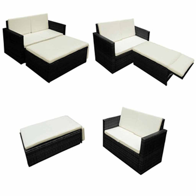 Set mobilier de grădină cu perne, 2 piese, negru, poliratan