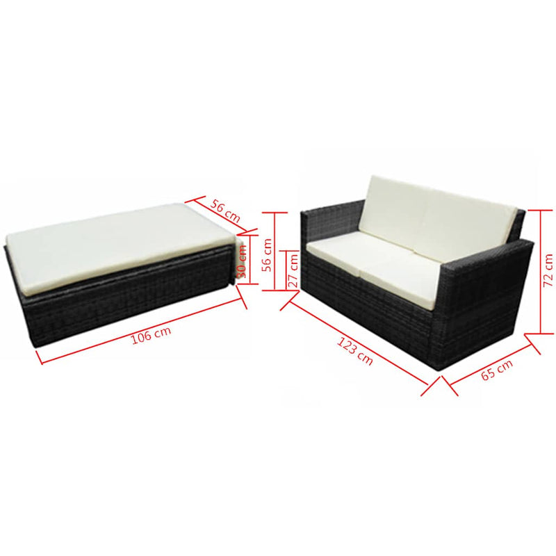 Set mobilier de grădină cu perne, 2 piese, negru, poliratan