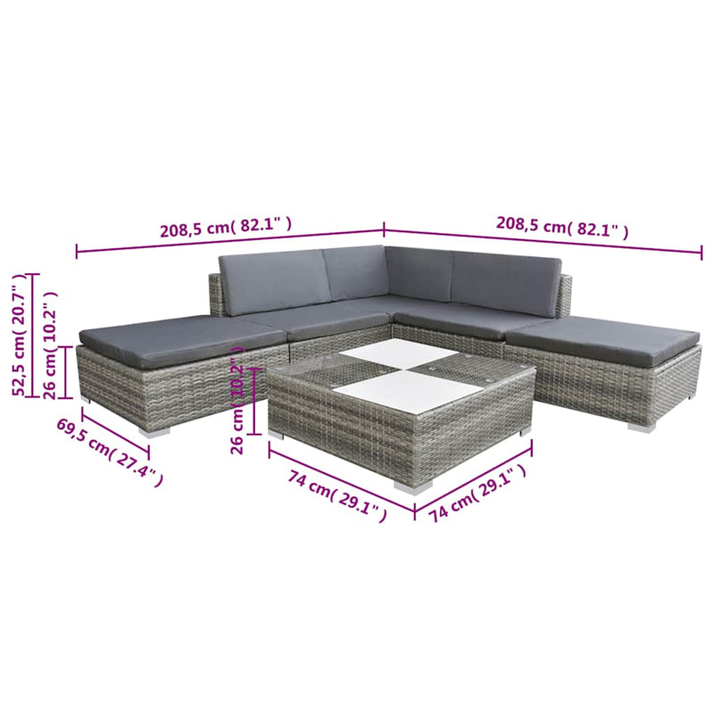 Set mobilier de grădină cu perne, 6 piese, gri, poliratan