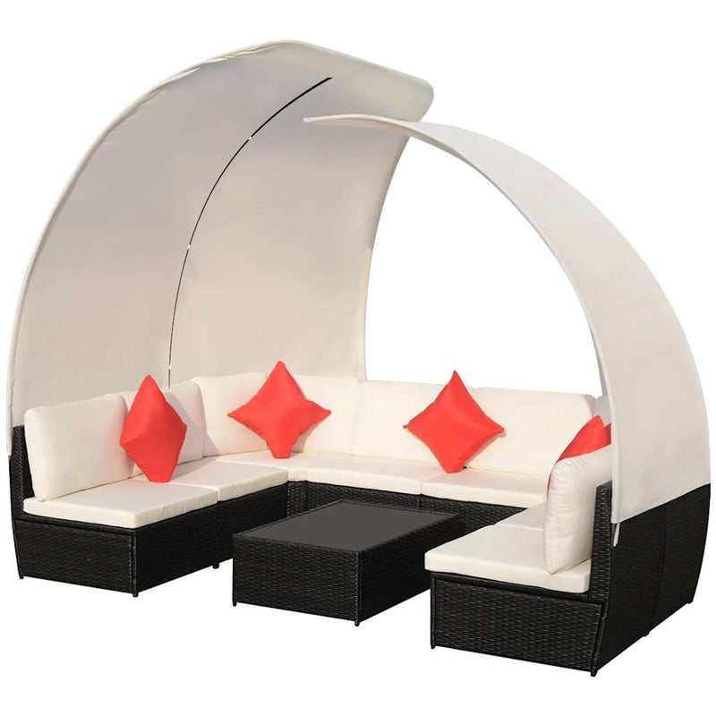 Set mobilier de grădină cu baldachin, 9 piese, negru, poliratan