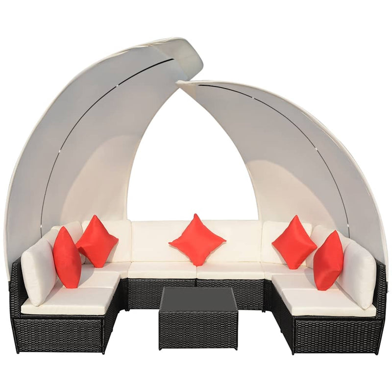 Set mobilier de grădină cu baldachin, 9 piese, negru, poliratan