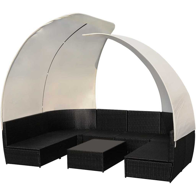 Set mobilier de grădină cu baldachin, 9 piese, negru, poliratan
