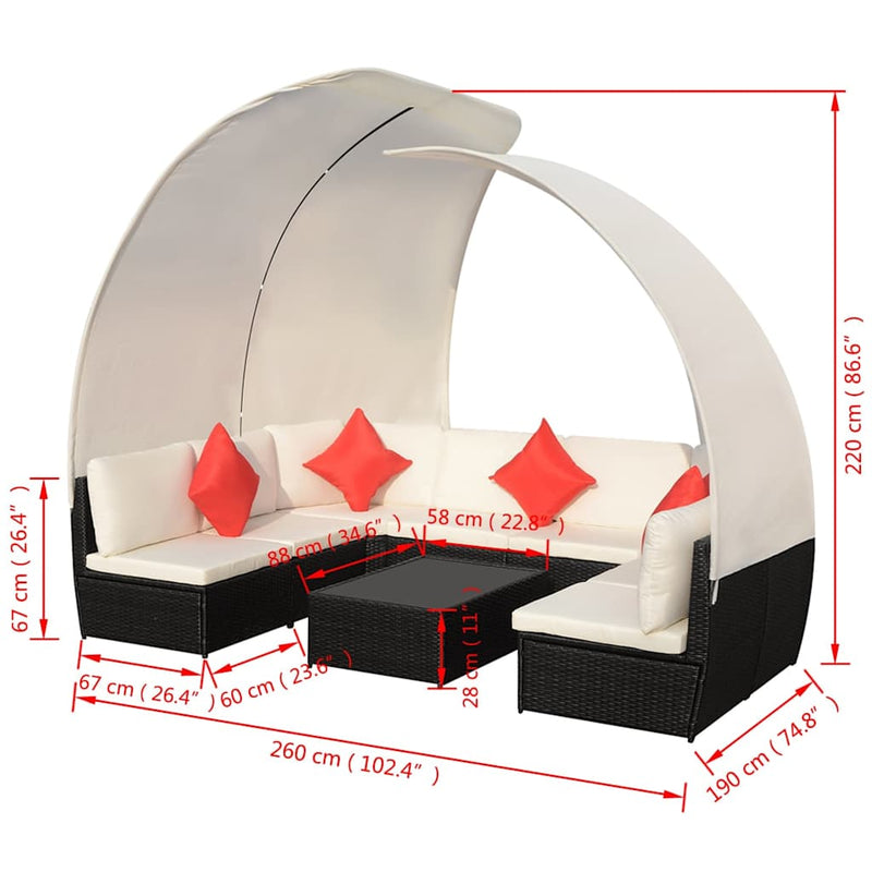 Set mobilier de grădină cu baldachin, 9 piese, negru, poliratan