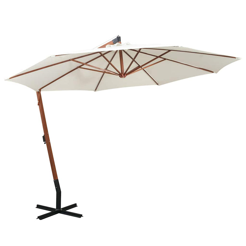 Umbrelă de soare suspendată cu stâlp de lemn, 350 cm, alb