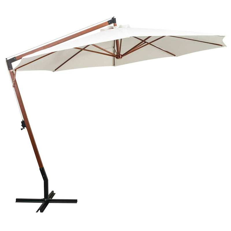 Umbrelă de soare suspendată cu stâlp de lemn, 350 cm, alb