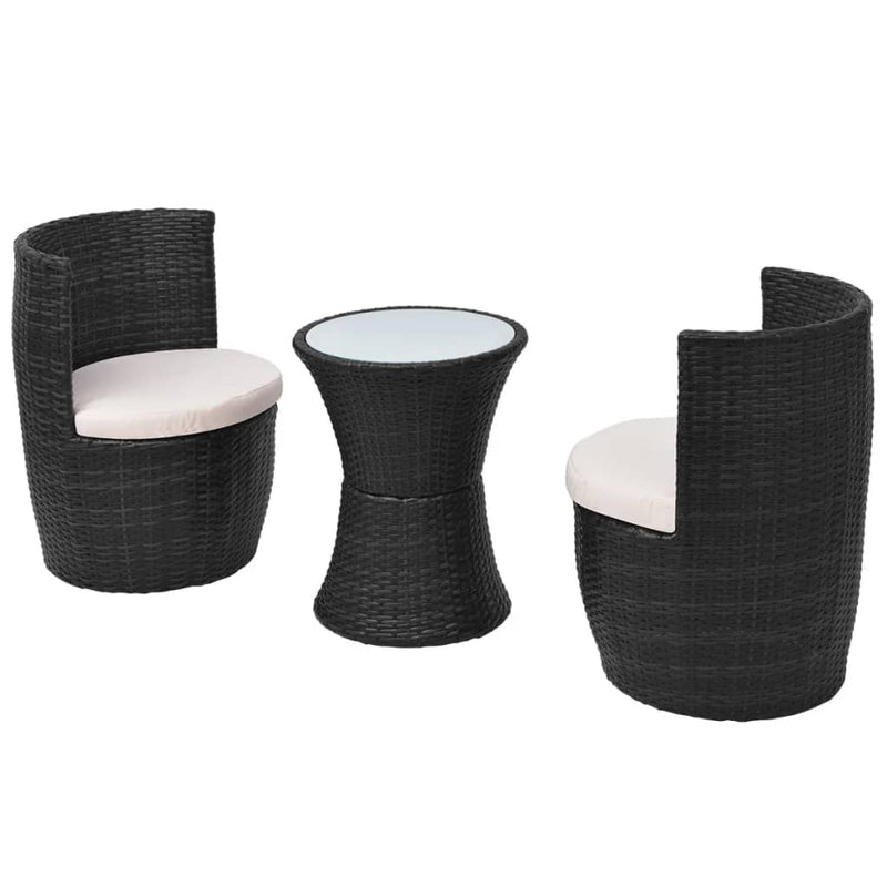 Set mobilier bistro cu perne, 3 piese, negru, poliratan