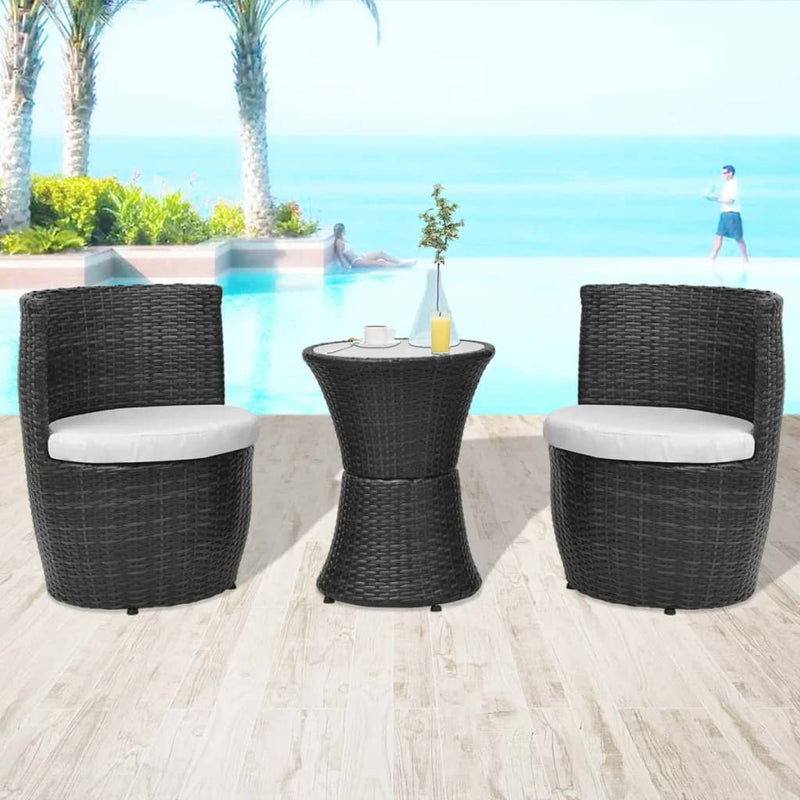 Set mobilier bistro cu perne, 3 piese, negru, poliratan