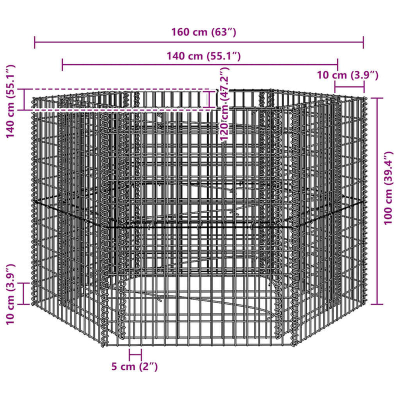 Strat înălțat gabion hexagonal, 160 x 140 x 100 cm