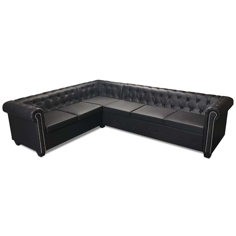 Canapea colțar Chesterfield 6 locuri, piele artificială, neagră