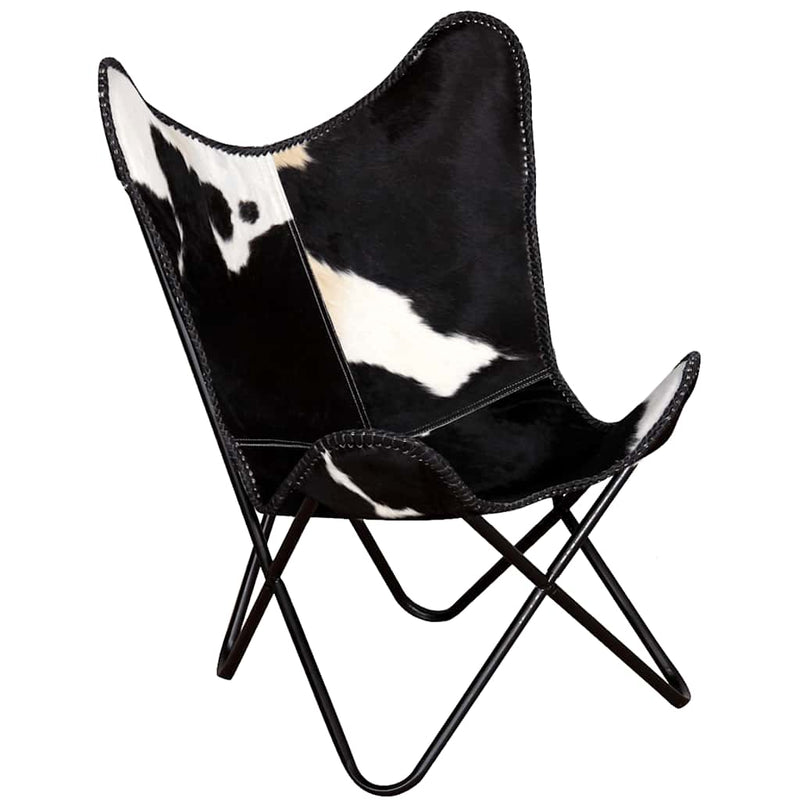 Scaun tip fluture, negru și alb, piele de vacă naturală