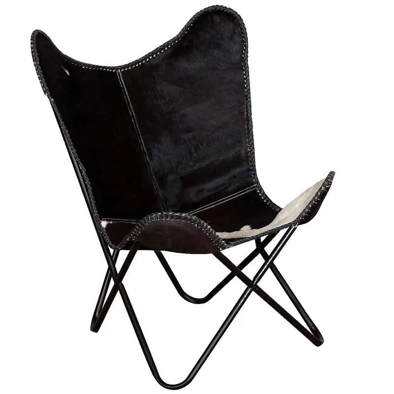 Scaun tip fluture, negru și alb, piele de vacă naturală