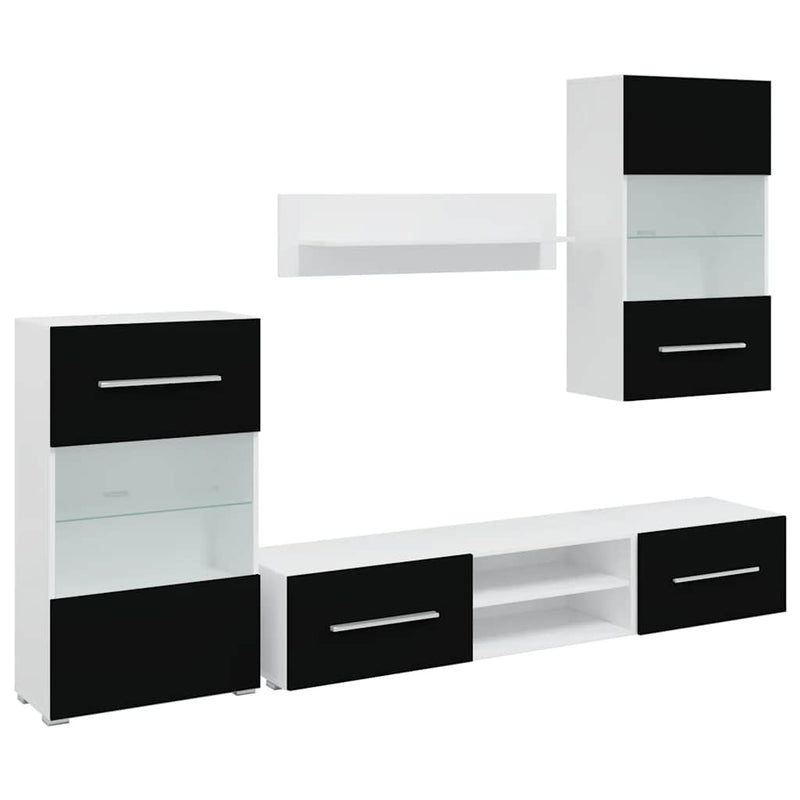 Set mobilier comodă TV de perete, 5 piese, iluminare LED, negru