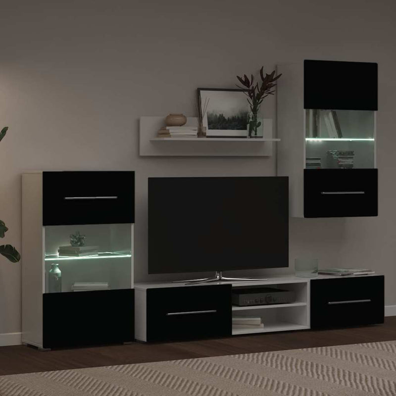 Set mobilier comodă TV de perete, 5 piese, iluminare LED, negru
