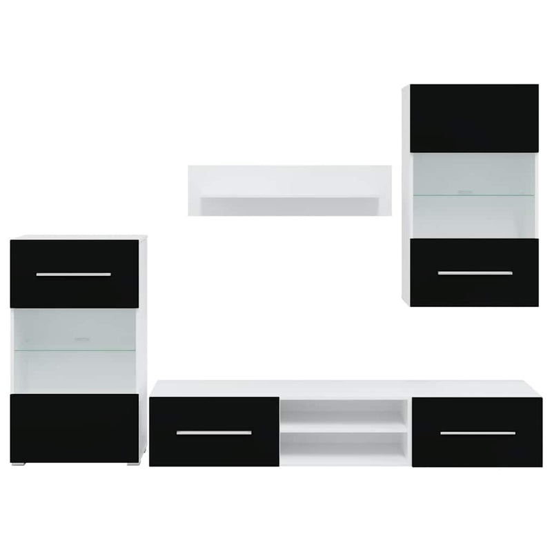 Set mobilier comodă TV de perete, 5 piese, iluminare LED, negru